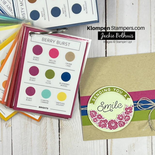 image of the stampin' Up! color coach showing a combination of Berry Burst, Old Olive, Blueberry bushel as a color combination and then a card made using these colors laying beside it