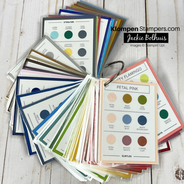 image showing 3" x 4" pieces of all the Stampin' Up! colors and then giving three different color combinations for each of them.  Pieces are laminated and put onto a ring to flip through to find the colors you want