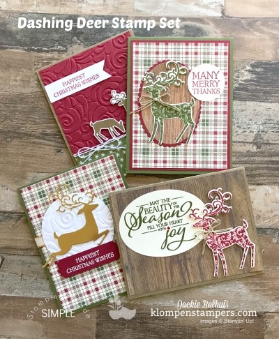 4 Christmas cards made with Dashing Deer bundle. VIDEO TUTORIAL included. Join me to see how easy it is to make these cute Christmas Cards. ~Jackie Bolhuis, Klompen Stampers #christmascards #cardmaking #greetingcards #stampinupcards #jackiebolhuis #klompenstampers