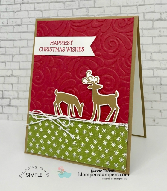 4 Christmas cards made with Dashing Deer bundle. VIDEO TUTORIAL included. Join me to see how easy it is to make these cute Christmas Cards. ~Jackie Bolhuis, Klompen Stampers #christmascards #cardmaking #greetingcards #stampinupcards #jackiebolhuis #klompenstampers