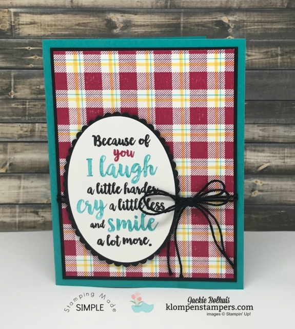 DIY Plaid Background & Buffalo Check Stamp video tutorial to create fun backgrounds in cardmaking. Full video tutorial with Stamparatus tips & coloring tips too. #cardmaking #greetingcards #stampinupcards #JackieBolhuis #KlompenStampers
