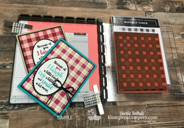 DIY Plaid Background & Buffalo Check Stamp video tutorial to create fun backgrounds in cardmaking. Full video tutorial with Stamparatus tips & coloring tips too. #cardmaking #greetingcards #stampinupcards #JackieBolhuis #KlompenStampers
