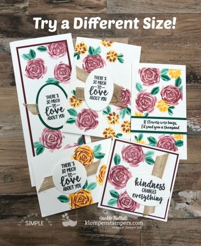DIY Cardmaking: Size Options and Samples to share-Numerous cards made with one stamp set but different cuts for sizing. Follow me in this step by step video tutorial. Other handmade card ideas on the blog. www.klompenstampers.com #cardmaking #greetingcards #stampinupcards #jackiebolhuis #klompenstampers