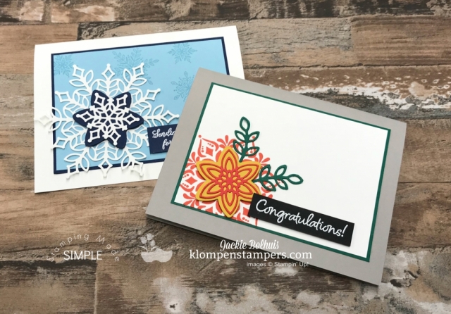 DIY: 2 handmade cards video tutorial. Learn how to make these two fabulous greeting cards. If you love handmade card designs that serve multiple uses like congratulations cards, thank you cards, thinking of you cards, Christmas cards, etc. then this is the perfect tutorial for you! #cardmaking #greetingcards #stampinupcards #jackiebolhuis #klompenstampers