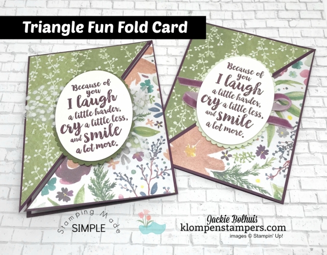Triangle Fun Fold Card & Video Tutorial by Jackie Bolhuis. Watch Jackie teach this fun and unique card fold...lots of greeting card designs shared here! #cardmaking #greetingcards #stampinupcards #jackiebolhuis #klompenstampers