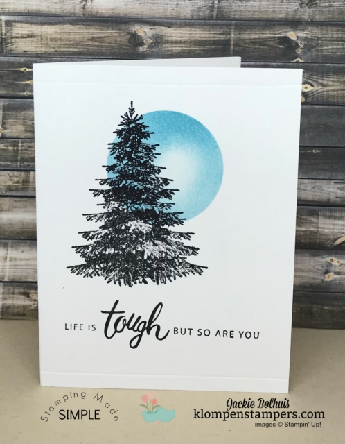 One Layer Card Video Tutorial. Quick and easy and a fun masking and sponging technique is being taught today by Jackie Bolhuis, Klompen Stampers. If you need easy beautiful handmade cards for guys or boyfriends you won't want to miss this! #greetingcards #cardmaking #cardmakingideas #stampinupcards #jackiebolhuis #klompenstampers