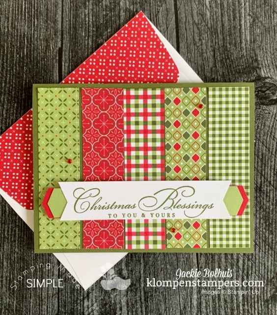This simple card layout uses strips of designer paper and a fun banner craft punch.