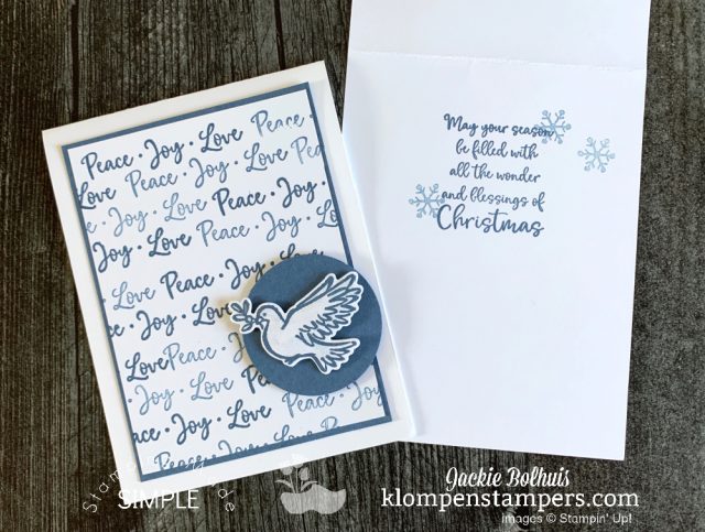 This Dove of Hope monochromatic Christmas card has hand stamped background in shades of blue.