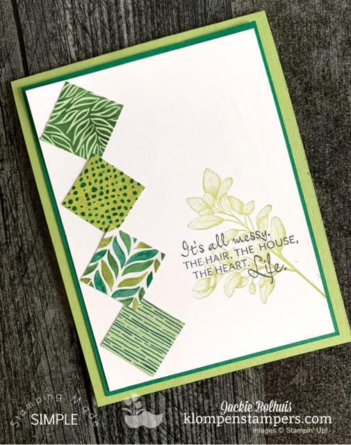 This winning card idea has 4 inch square pieces of designer paper, one stamp and one greeting. 
