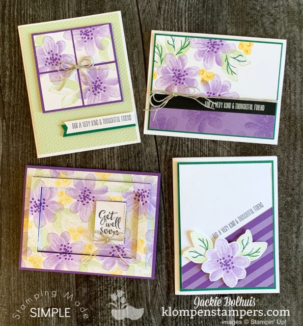 The Gorgeous Posies project kit by Stampin' Up! uses coordinating colors in purples, greens, and yellows.