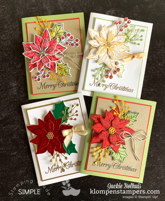 These are the 4 design ideas for Poinsettia cards I have using the Stampin Up Poinsettia Petals bundle.