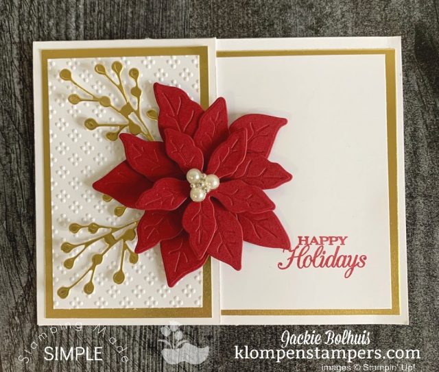 This elegant Christmas card has a side fold with a red Poinsettia on top