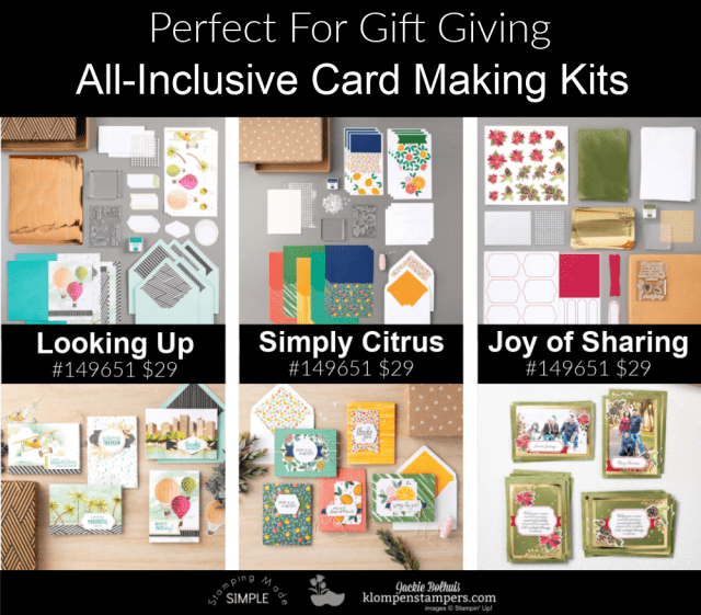 Perfect gifts for crafters this season; the Stampin' Up! Looking Up kit, the Simply Citrus kit, and the Joy of Sharing kit.