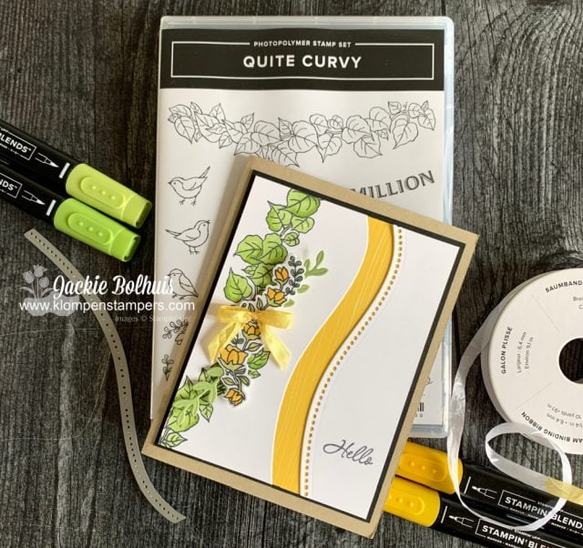 Quite curvy card is so cheerful with yellow flowers and cardstock layer.