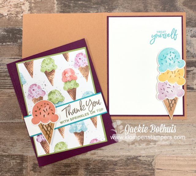 Carry your simple card design to the inside of your card and apply die cut cone and ice cream scoops.