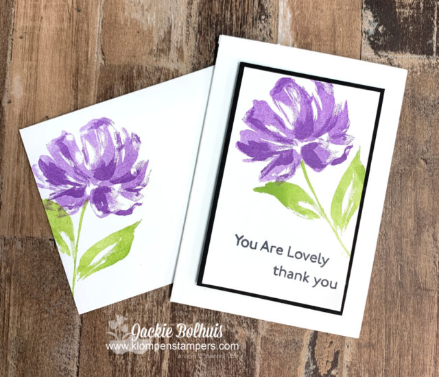 I used the SIP card method to make this handmade thinking of you card purple flower stamped on white cardstock.