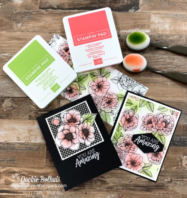 These DIY cards were made with black and white printed designer paper and then use the blending brushes for a splash of color on top