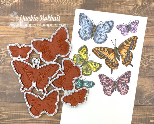 To get these Stampin' Up! Butterfly Brilliance die cuts simply stamp the image, color them, then cut them outl