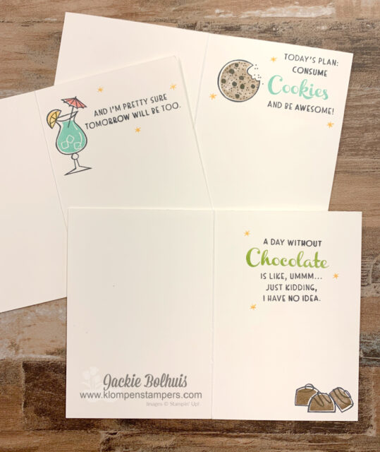 Don't forget to stamp the greetings on the inside of your 4 fun homemade cards.