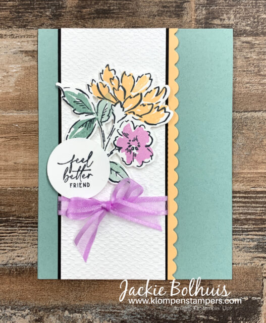 Not only is the 2 step stamping fun but I love the scalloped die cut border on this card too.