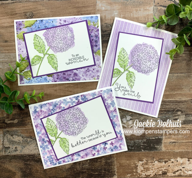 These are stamped greeting cards you can make by hand with Hydrangea Haven.