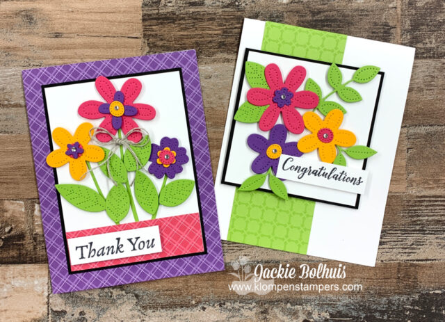 On these 2 handmade cards I used die cut flowers in pink, purple, and yellow cardstock.