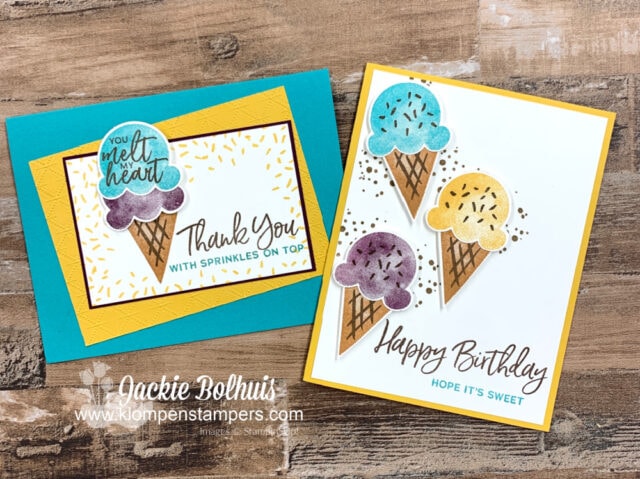 On this handmade birthday card I have 3 ice cream cones lifted up with dimensionals