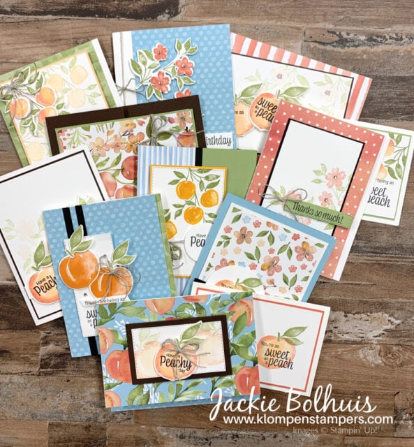 The Stampin' Up! You're a Peach Suite of products coordinates so well to make these 12 cards.
