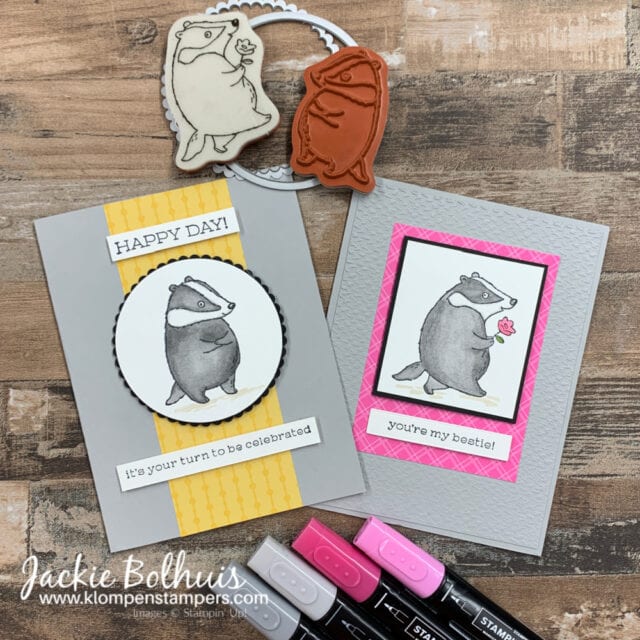 These fun cards for friends feature the stamp set 'Badger Besties' and colored with Stampin' Blends.