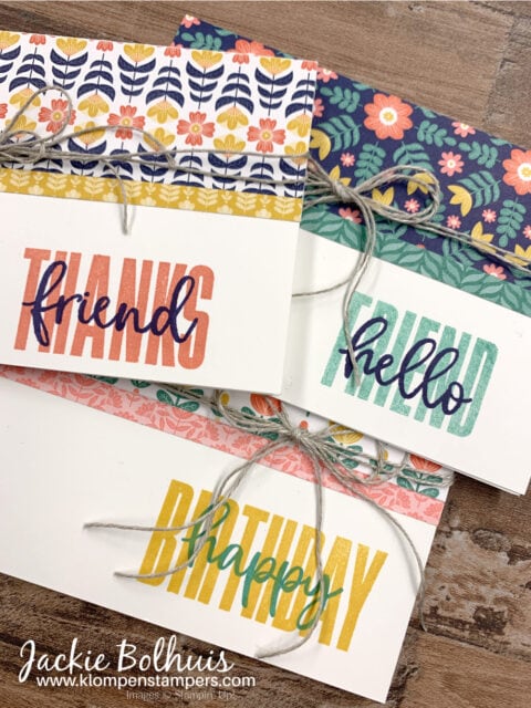 You can add a strip of designer paper to a plain note card and quickly have a custom greeting card.