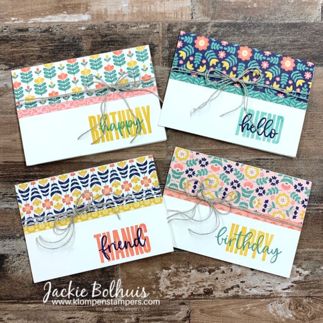 Blank note cards are the base for these easy cards and then add a small strip of designer paper and stamp a greeting.