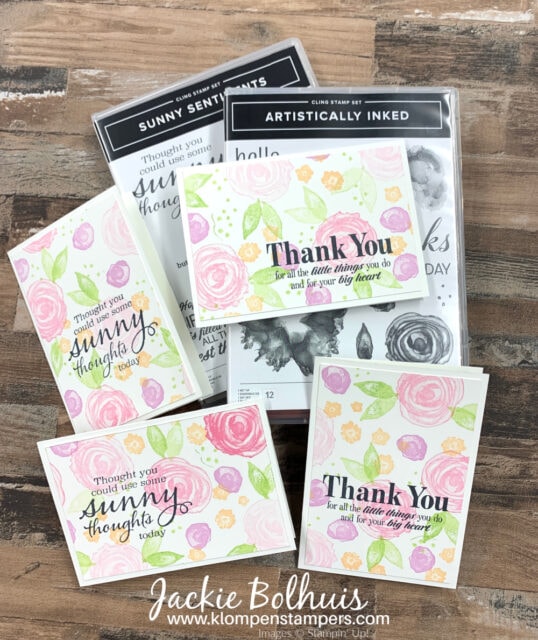 These creative thank you cards feature the Stampin' Up! Artistically Inked and Sunny Sentiments stamp set.