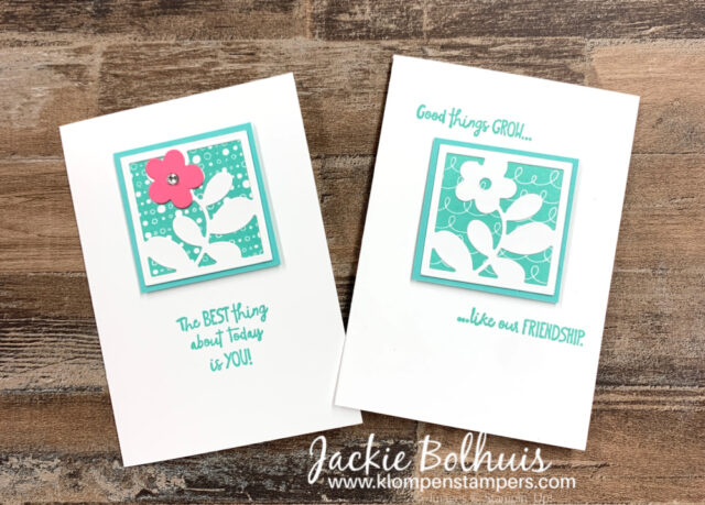 In this All Squared Away card I added a pink flower on top of the squared die cut for a pop of color.