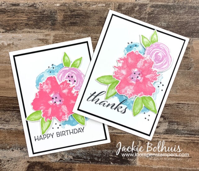 These simple stamped cards are stepped up a little with a layer of black cardstock behind the stamped panel. 