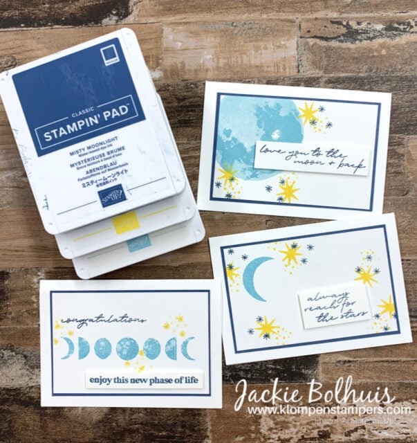 'To the Moon' stamp set makes cute cards stamped in shades of blue with a little yellow ink added.