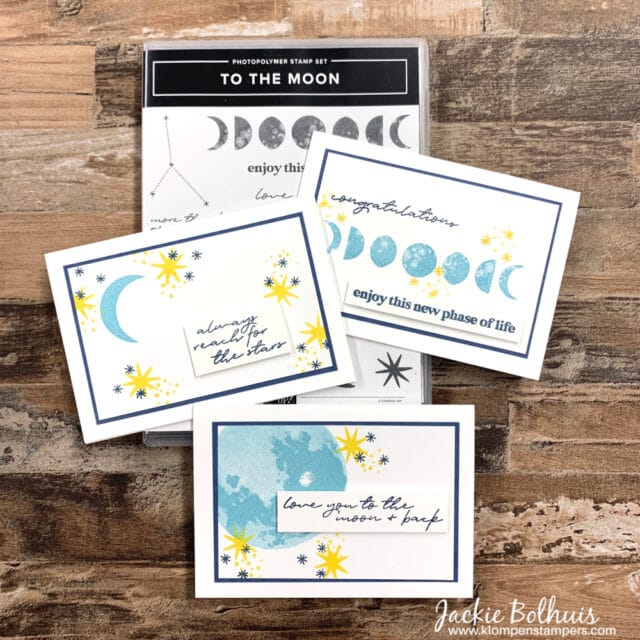 These cute cards were stamped on blank note cards with a layer of blue cardstock behind the stamped layer.