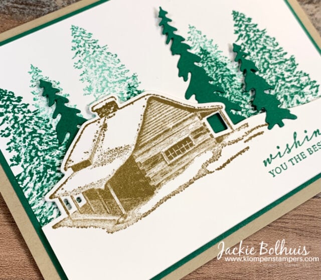 homemade-christmas-card-ideas-stamped-cabin-in-brown-ink-with-green-stamped-trees-in-background