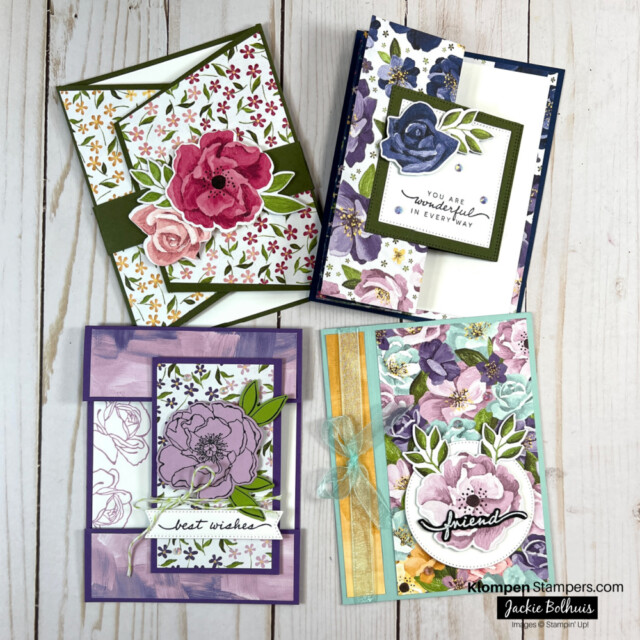 Four fun fold card ideas designed with the happiness abounds stamp set. These four cards are elegant in color and their floral design.