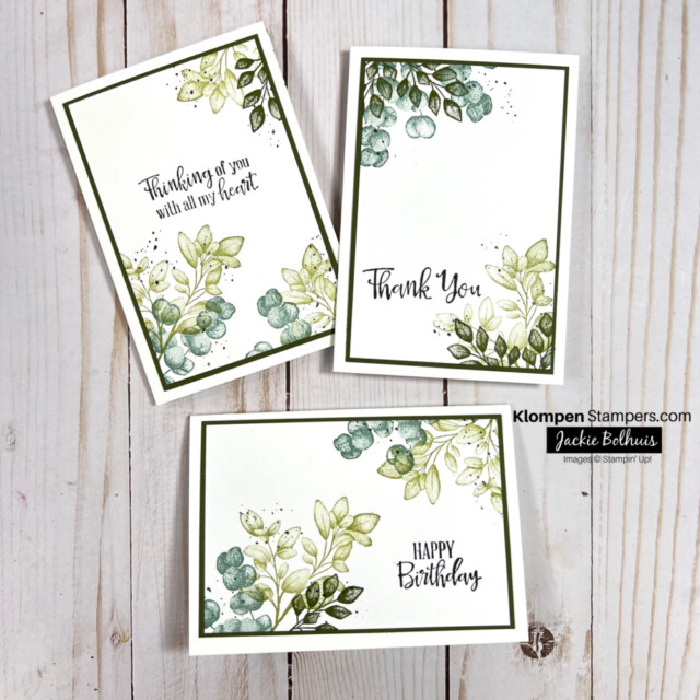 3 simple cards made using the Forever Fern stamp set, 4 ink pads, notecards, and some coordinating cardstock