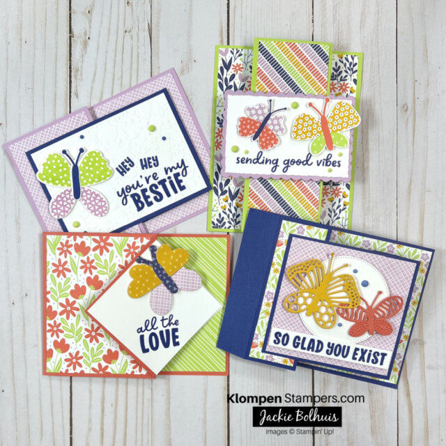 4 different fun fold cards made using the Butterfly Brilliance stamp set and the fun fold card templates made using stamps paper and ink