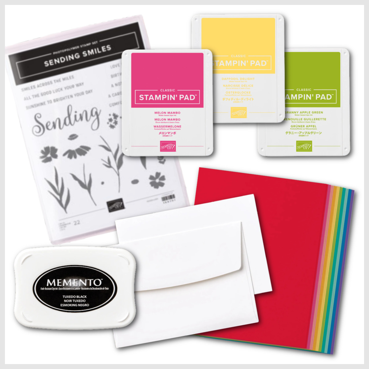 A stamp set, four ink pads, and some cardstock as a graphic for picking out your own products for you to get started making handmade cards.