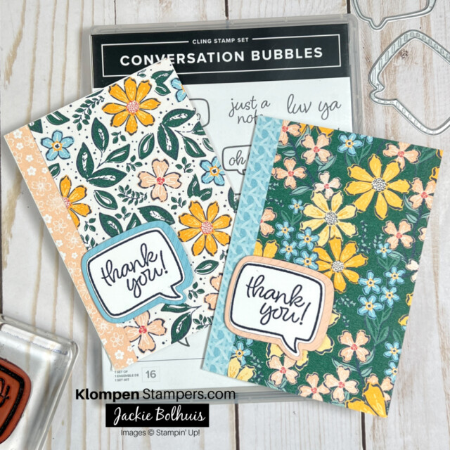 easy to make thank you cards using designer series paper and the conversation bubbles stamp set