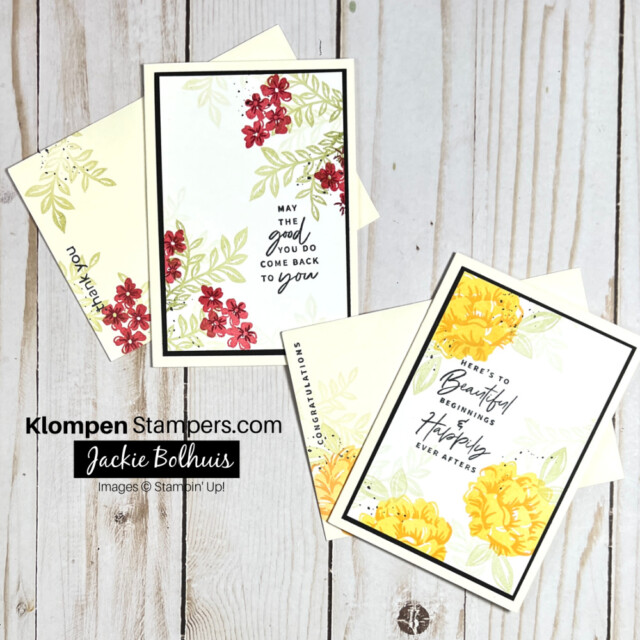 two different handmade greeting cards that fit perfectly into a note card box that you can create using card stock