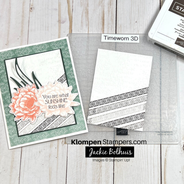 card made using Desert Details stamp set and Timeworn Embossing Folder. Cardstock shown that is stamped ready to place into the embossing folder to create the texture on the layer before adding to the stamped card