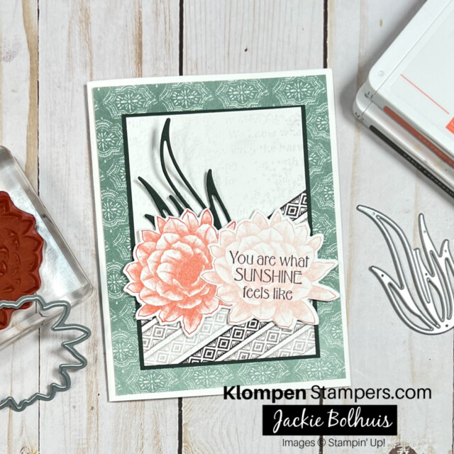 Handmade card created using the Desert Details stamp set from Stampin' Up, along with inks and card stock. Shows card laying flat with a couple of the dies, two ink pads,and one of the stamps. Card is part of the Desert Details card tutorial collection