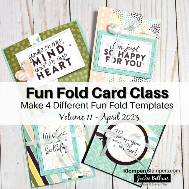 Four fun fold card templates lay flat on a table, to see the unique shapes of the cards. There is an overlay over the picture that reads "fun fold card class, make 4 different fun fold templates, volume 11, April 2023."