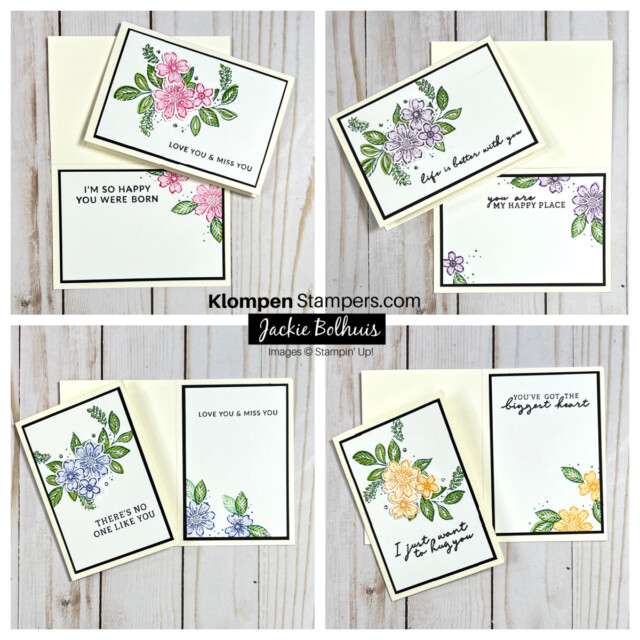 Four different all occasion note cards made using the Stampin' Up! Petal Park stamp set. Each card has 3 flowers, each in a different color.
