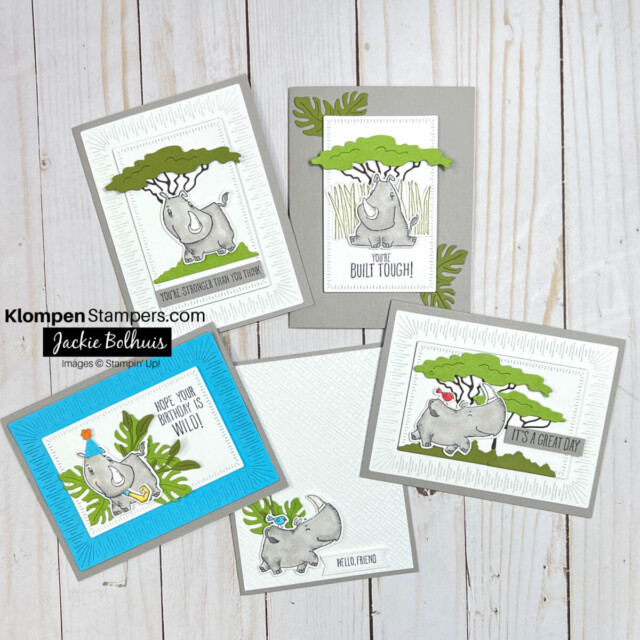 5 different Rhino Ready card making ideas shown