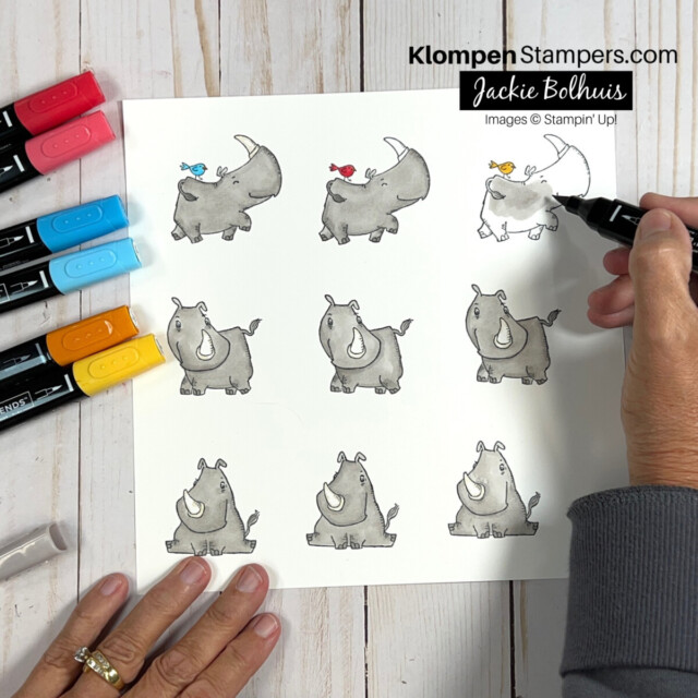 9 Rhinos have been stamped on a white sheet of paper and are in the process of being colored. There are three different rhino stamps. One rhino is standing and has a little bird on his back, another rhino is standing and looking sideways, and the other rhino is sitting. All rhinos are being colored grey. The little birds are being colored blue, red, and yellow.