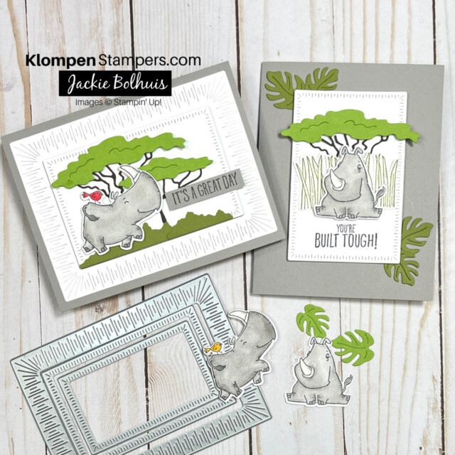 Two different cards were designed with the Rhino Ready stamp set. Both cards are color-themed grey and white and have a rhino placed in front of a green tree.